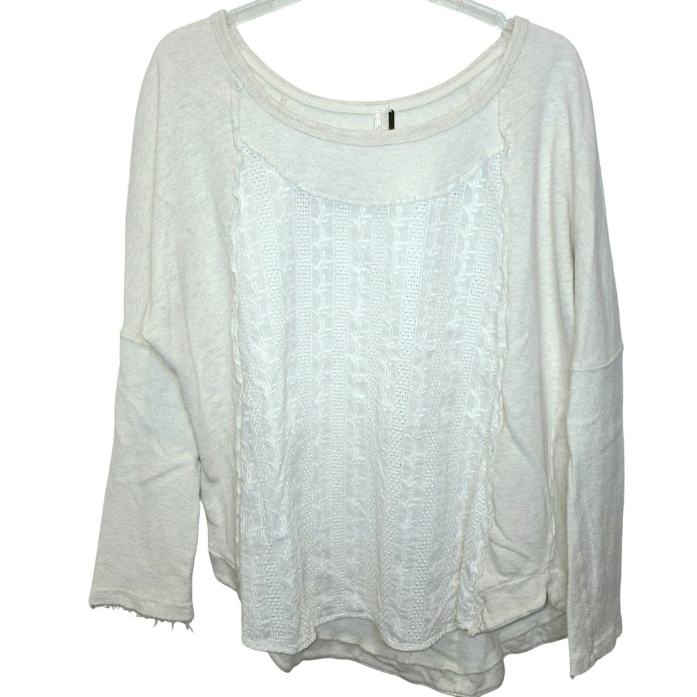 Free People Mix Media Tunic Pullover Sweatshirt Top Sz Medium Cream Oversized - Picture 5 of 15